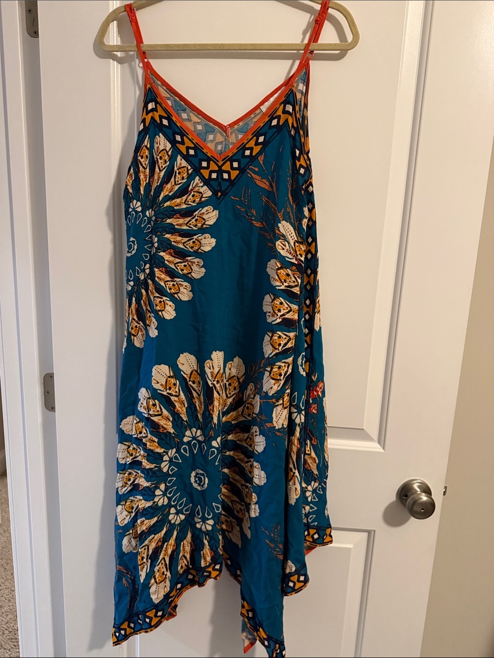 Jealous Tomato Teal Floral Asymmetrical Slip Dress with Orange Trim
